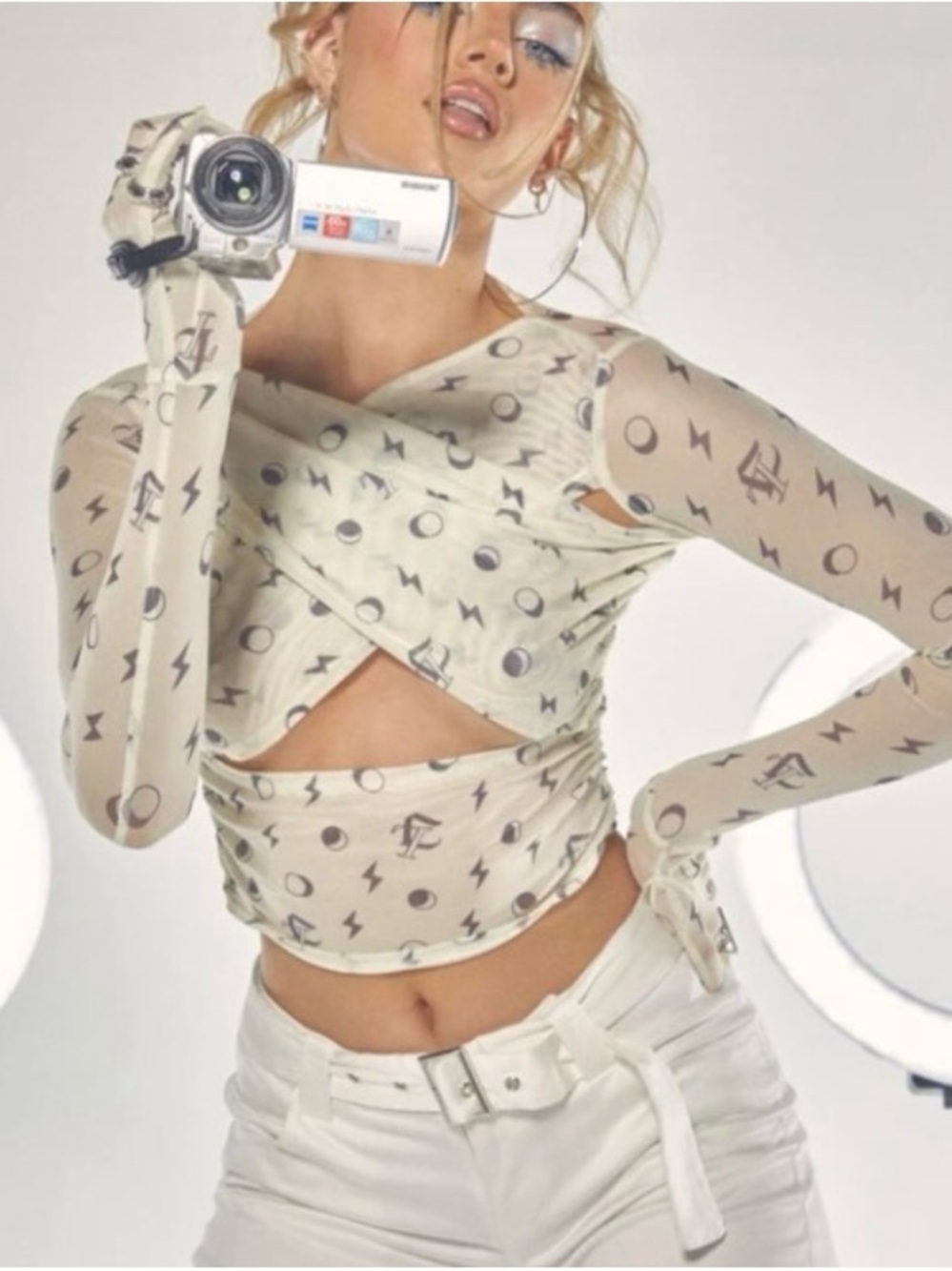 Jaded London Cream Sheer Wrap Crop Top with Graphic Print